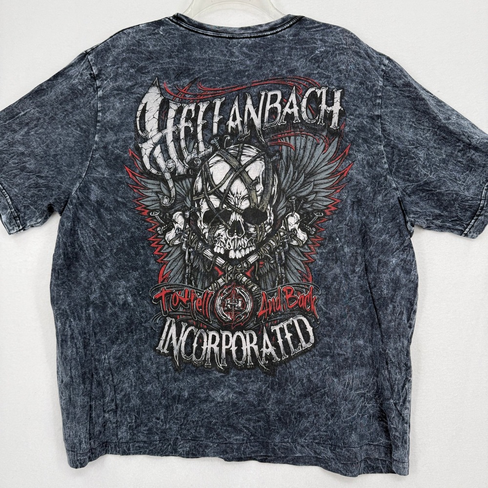Hellanbach Graphic T-Shirt Mens XL Gray Acid Wash Skull Wings‎ To Hell And Back
